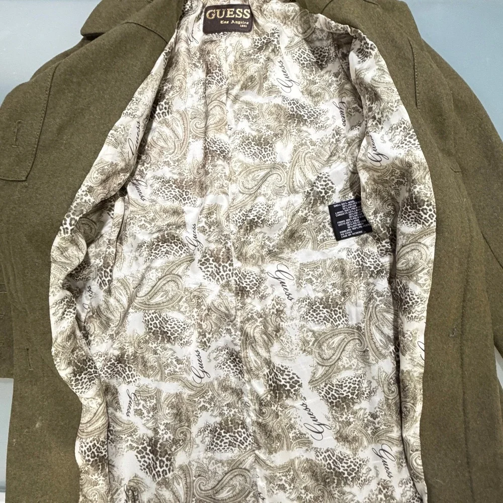 Vtg Guess Military Style Wool Blend Coat Womens PXS Olive Green Button Up Y2K